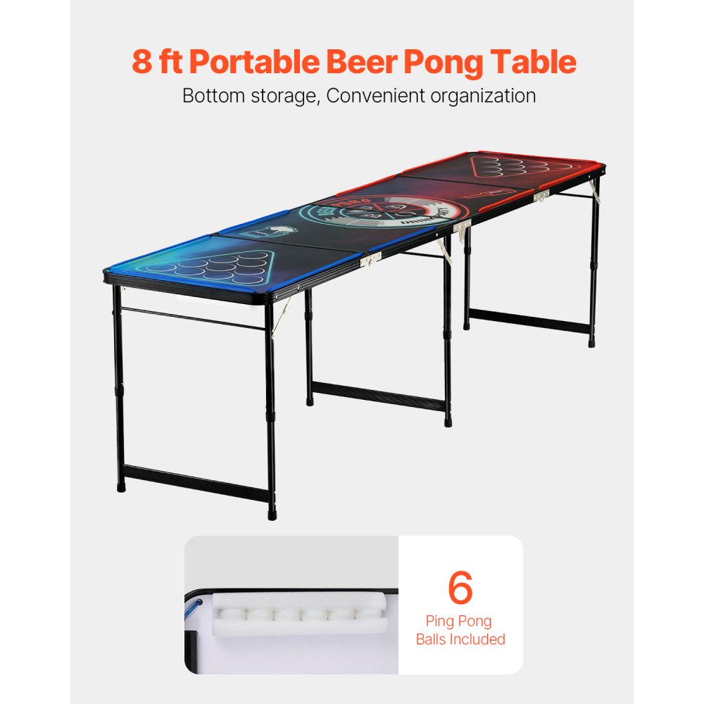 VEVOR Mesa de Juego de Beer Pong 240 x 60 x 52/70 cm Plegable y Portátil, Con Iluminación LED, Asa de Transporte, 6 Pelotas de Ping Pong, Carga de 30 kg, para Oficina, Fiestas, Viajes, Camping