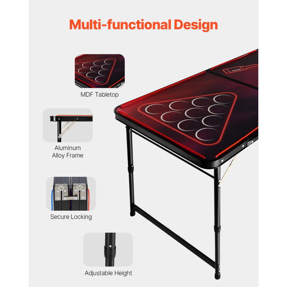 VEVOR Mesa de Juego de Beer Pong 240 x 60 x 52/70 cm Plegable y Portátil, Con Iluminación LED, Asa de Transporte, 6 Pelotas de Ping Pong, Carga de 30 kg, para Oficina, Fiestas, Viajes, Camping