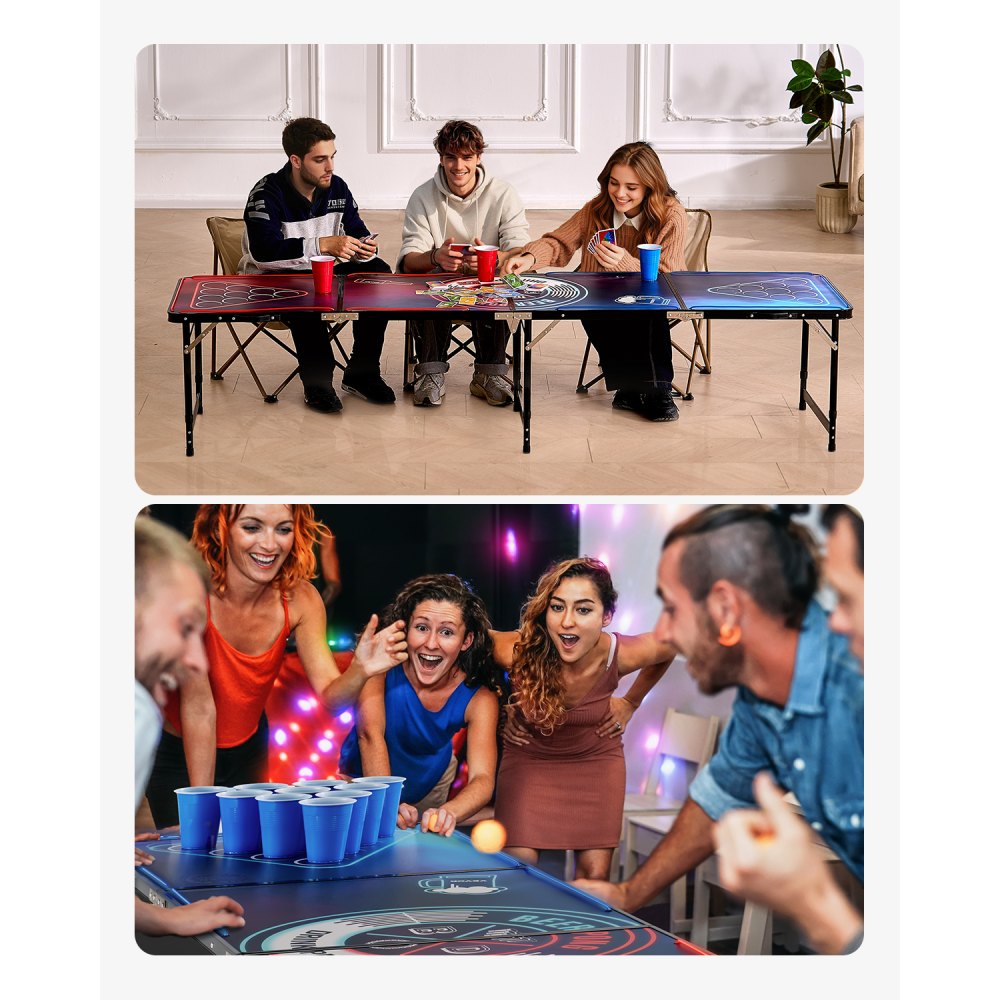 VEVOR Mesa de Juego de Beer Pong 240 x 60 x 52/70 cm Plegable y Portátil, Con Iluminación LED, Asa de Transporte, 6 Pelotas de Ping Pong, Carga de 30 kg, para Oficina, Fiestas, Viajes, Camping