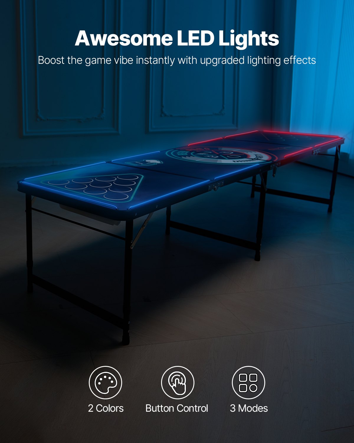 VEVOR Mesa de Juego de Beer Pong 240 x 60 x 52/70 cm Plegable y Portátil, Con Iluminación LED, Asa de Transporte, 6 Pelotas de Ping Pong, Carga de 30 kg, para Oficina, Fiestas, Viajes, Camping