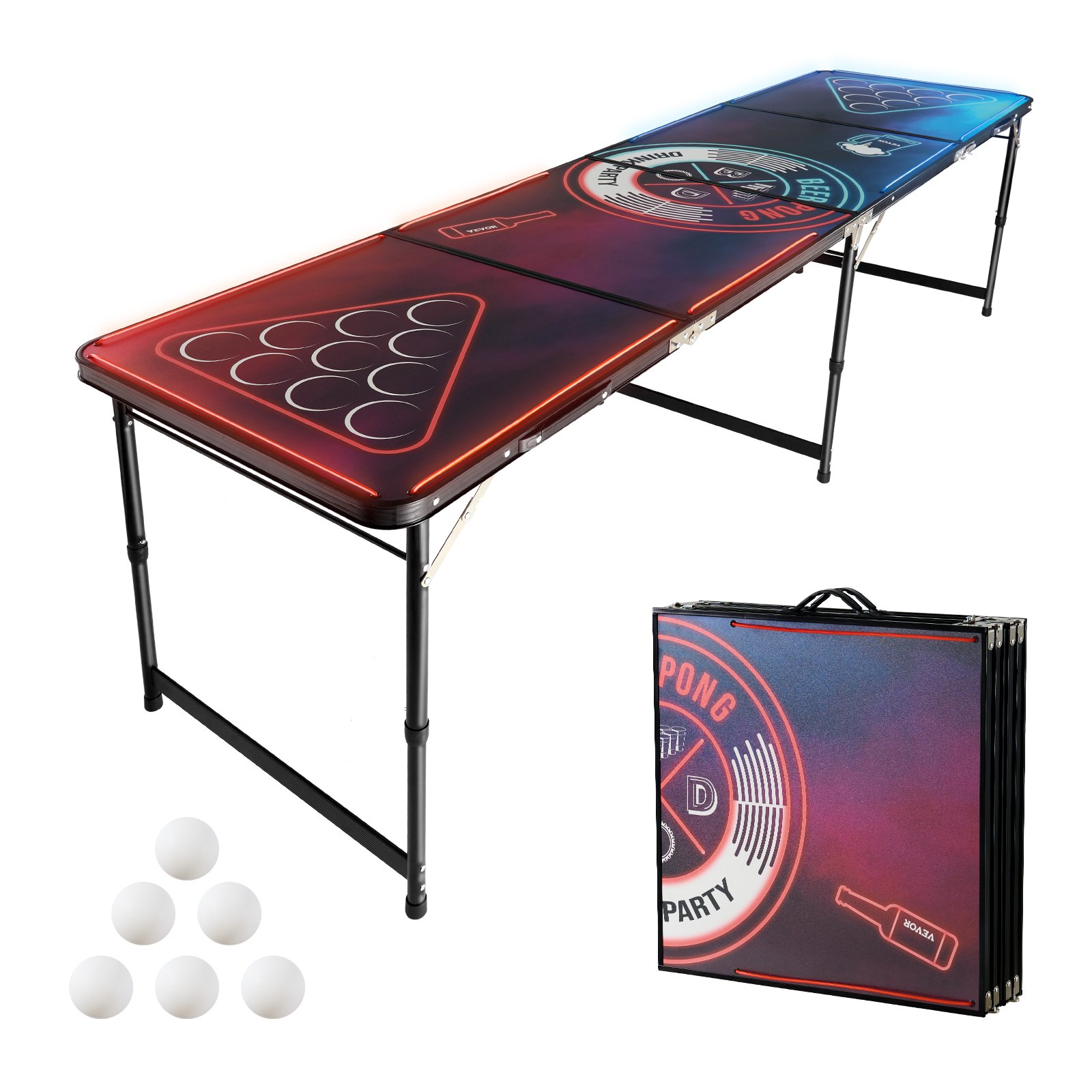 VEVOR Mesa de Juego de Beer Pong 240 x 60 x 52/70 cm Plegable y Portátil, Con Iluminación LED, Asa de Transporte, 6 Pelotas de Ping Pong, Carga de 30 kg, para Oficina, Fiestas, Viajes, Camping