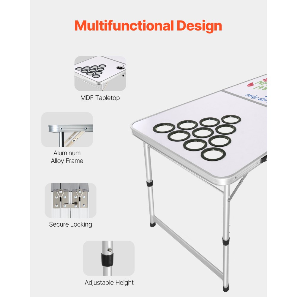VEVOR Mesa de Juego de Beer Pong 240 x 60 x 52/70 cm Plegable y Portátil, Mesa Ligera con Agujeros para Vaso y 6 Pelotas de Ping Pong, Carga de 30 kg, para Oficina, Fiestas, Viajes, Camping, Blanco