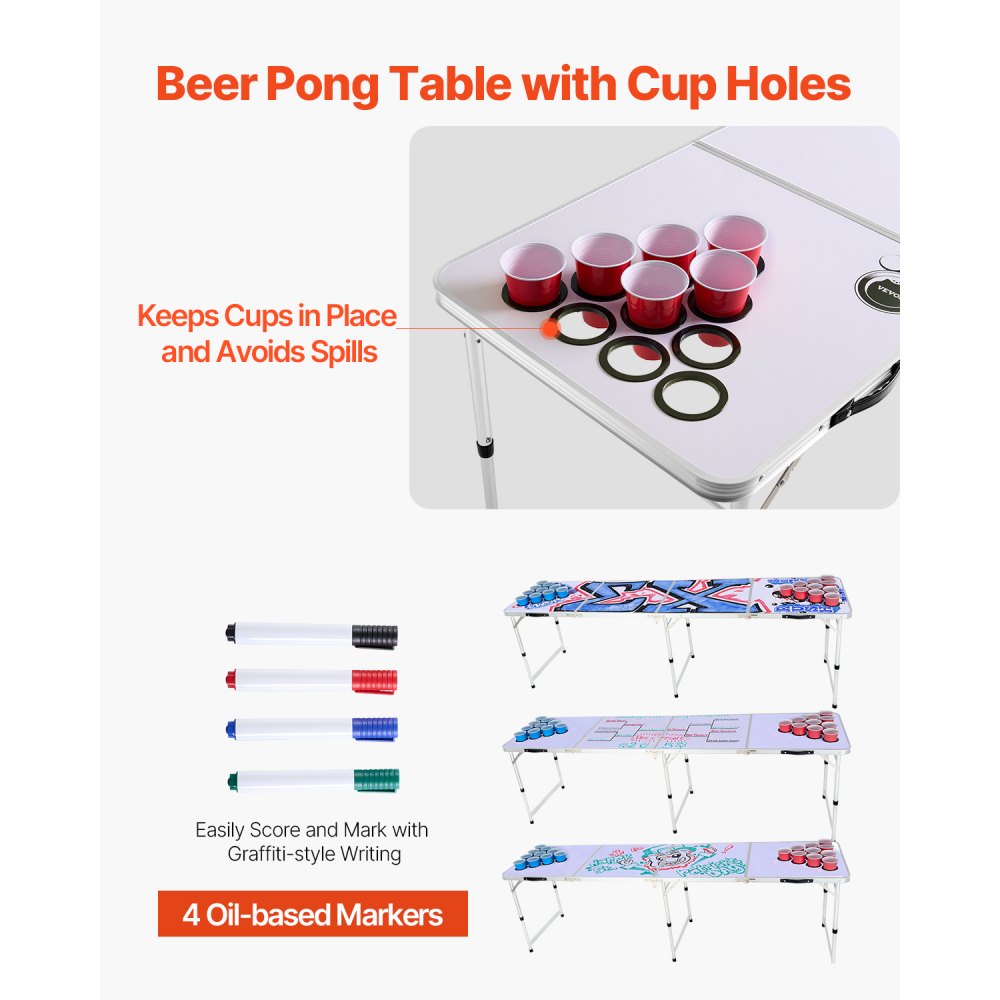 VEVOR Mesa de Juego de Beer Pong 240 x 60 x 52/70 cm Plegable y Portátil, Mesa Ligera con Agujeros para Vaso y 6 Pelotas de Ping Pong, Carga de 30 kg, para Oficina, Fiestas, Viajes, Camping, Blanco