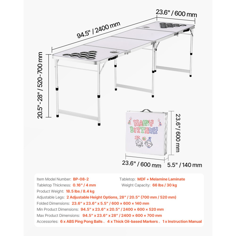VEVOR Mesa de Juego de Beer Pong 240 x 60 x 52/70 cm Plegable y Portátil, Mesa Ligera con Agujeros para Vaso y 6 Pelotas de Ping Pong, Carga de 30 kg, para Oficina, Fiestas, Viajes, Camping, Blanco