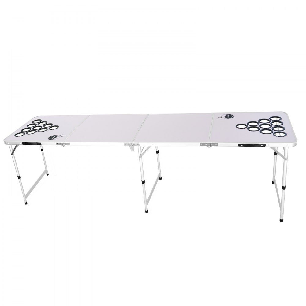 VEVOR Mesa de Juego de Beer Pong 240 x 60 x 52/70 cm Plegable y Portátil, Mesa Ligera con Agujeros para Vaso y 6 Pelotas de Ping Pong, Carga de 30 kg, para Oficina, Fiestas, Viajes, Camping, Blanco