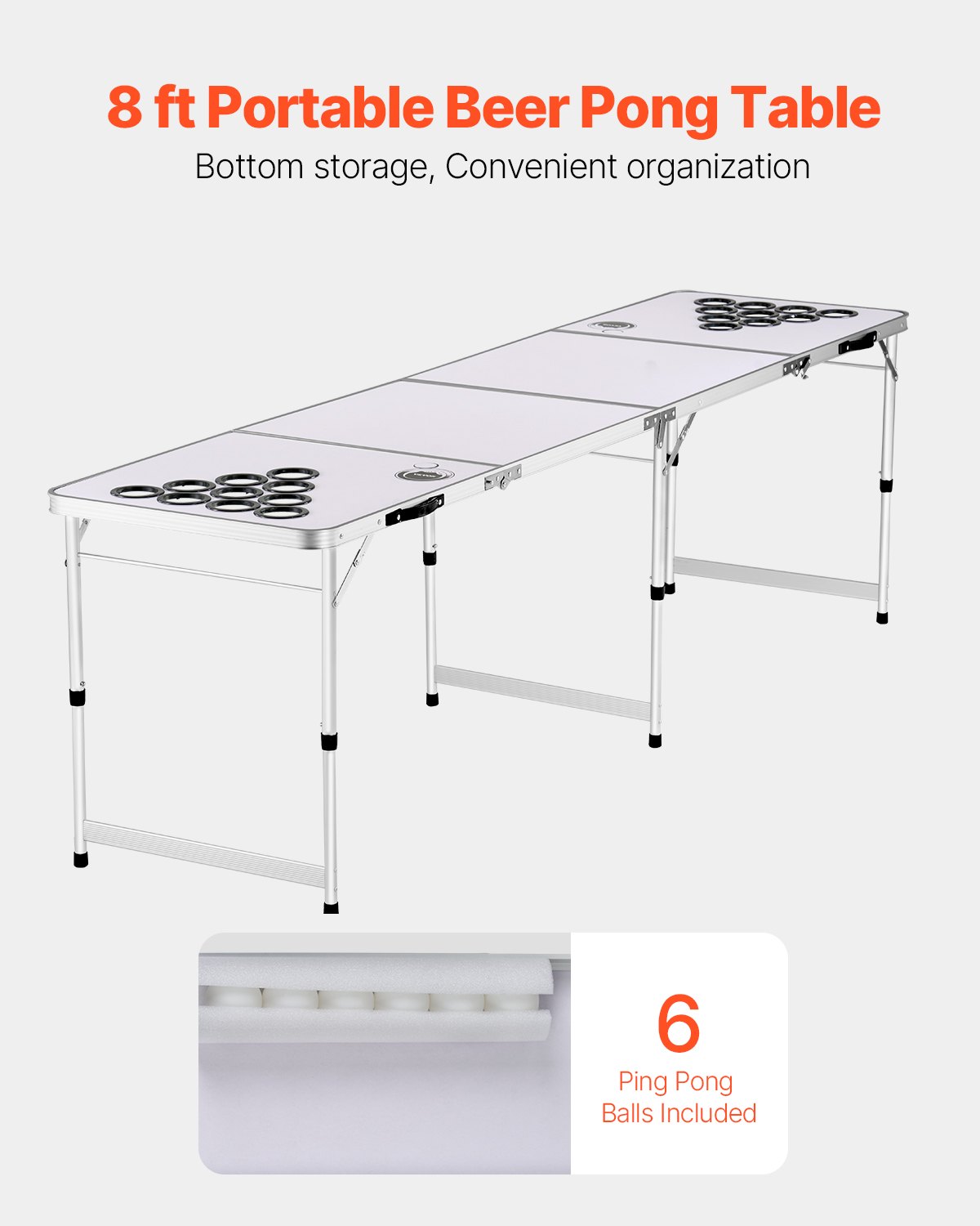 VEVOR Mesa de Juego de Beer Pong 240 x 60 x 52/70 cm Plegable y Portátil, Mesa Ligera con Agujeros para Vaso y 6 Pelotas de Ping Pong, Carga de 30 kg, para Oficina, Fiestas, Viajes, Camping, Blanco