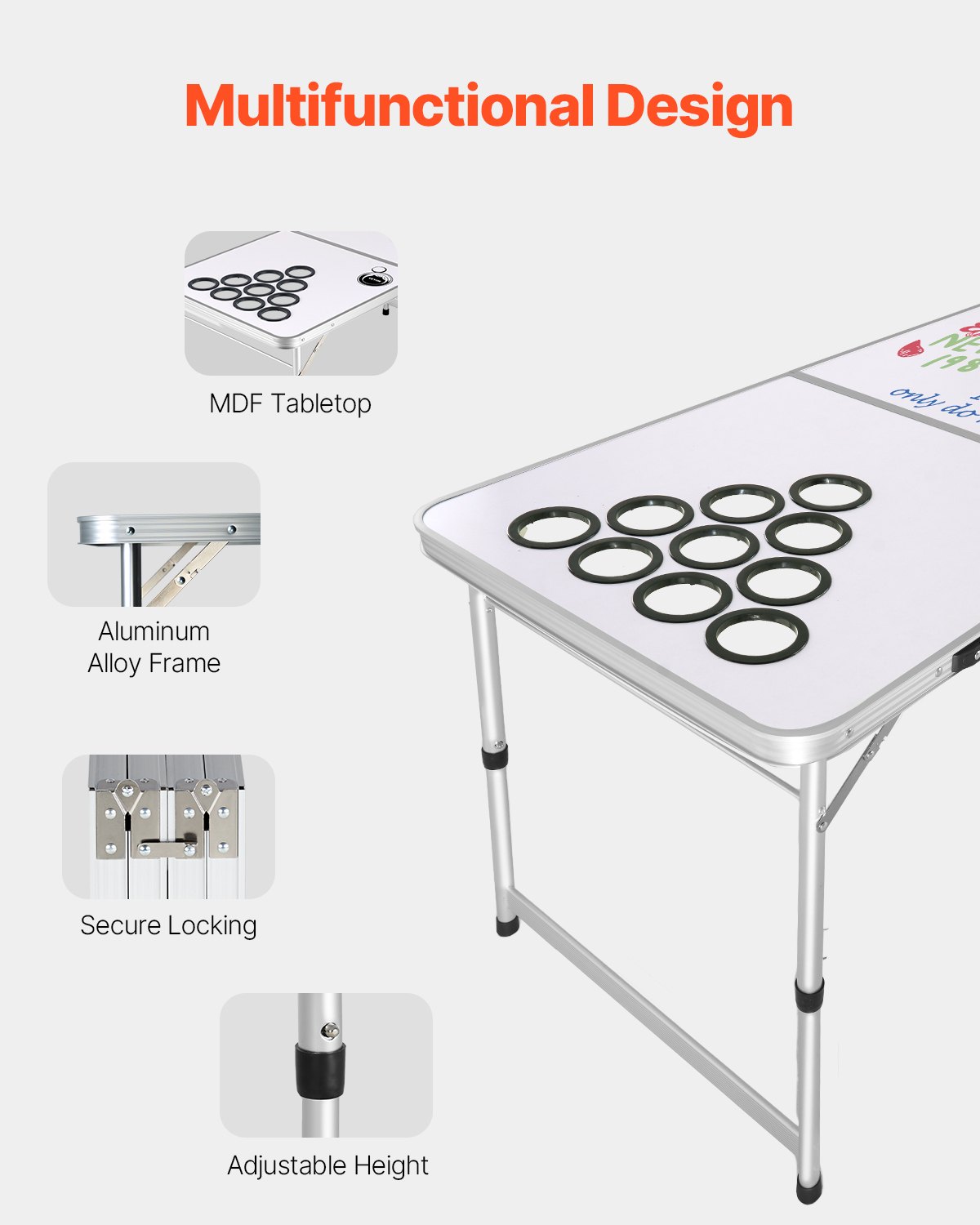 VEVOR Mesa de Juego de Beer Pong 240 x 60 x 52/70 cm Plegable y Portátil, Mesa Ligera con Agujeros para Vaso y 6 Pelotas de Ping Pong, Carga de 30 kg, para Oficina, Fiestas, Viajes, Camping, Blanco