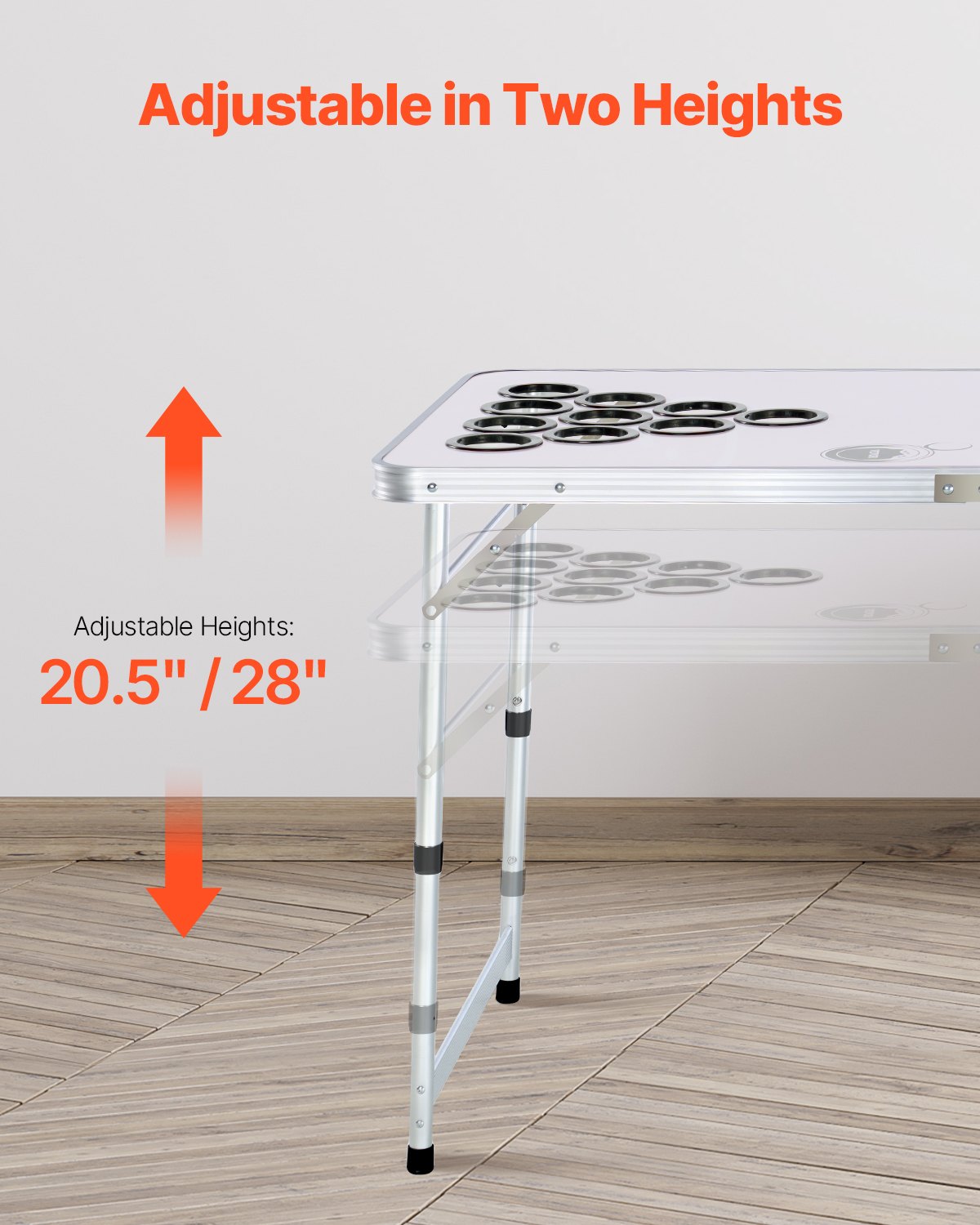 VEVOR Mesa de Juego de Beer Pong 240 x 60 x 52/70 cm Plegable y Portátil, Mesa Ligera con Agujeros para Vaso y 6 Pelotas de Ping Pong, Carga de 30 kg, para Oficina, Fiestas, Viajes, Camping, Blanco