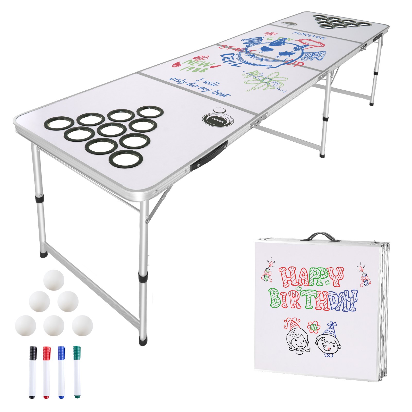 VEVOR Mesa de Juego de Beer Pong 240 x 60 x 52/70 cm Plegable y Portátil, Mesa Ligera con Agujeros para Vaso y 6 Pelotas de Ping Pong, Carga de 30 kg, para Oficina, Fiestas, Viajes, Camping, Blanco