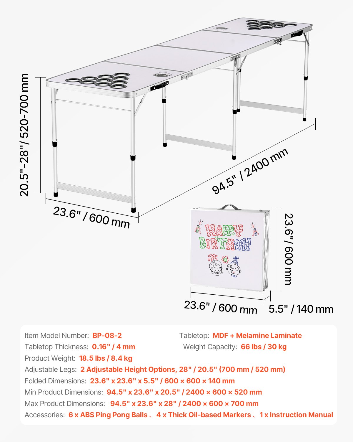 VEVOR Portable Beer Pong Table, Foldable Tailgate Table with Cup Holes & Dry-Erase Marker & Carrying Handles, Height-Adjustable Table for Office, Tailgate Party and Camping