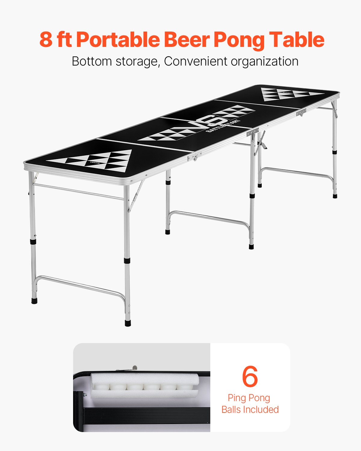 VEVOR Mesa de Juego de Beer Pong 240 x 60 cm Plegable Altura de 52 o 70 cm, Portátil, con Asa de Transporte y 6 Pelotas de Ping Pong, Carga de 30 kg, para Oficina, Fiestas, Viajes, Camping, Negro