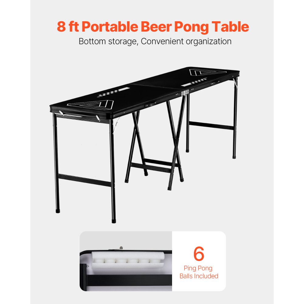 VEVOR Mesa de Juego de Beer Pong 240 x 60 x 90 cm Portátil y Plegable Negro, Mesa Ligera con Asa de Transporte y 6 Pelotas de Ping Pong de ABS, Carga de 30 kg, para Oficina, Fiestas, Viajes, Camping