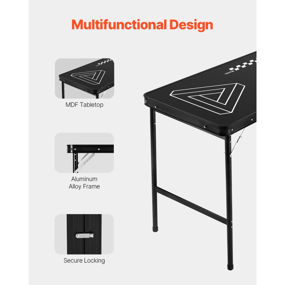 VEVOR Mesa de Juego de Beer Pong 240 x 60 x 90 cm Portátil y Plegable Negro, Mesa Ligera con Asa de Transporte y 6 Pelotas de Ping Pong de ABS, Carga de 30 kg, para Oficina, Fiestas, Viajes, Camping