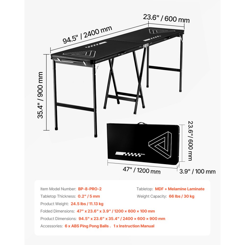 VEVOR Mesa de Juego de Beer Pong 240 x 60 x 90 cm Portátil y Plegable Negro, Mesa Ligera con Asa de Transporte y 6 Pelotas de Ping Pong de ABS, Carga de 30 kg, para Oficina, Fiestas, Viajes, Camping
