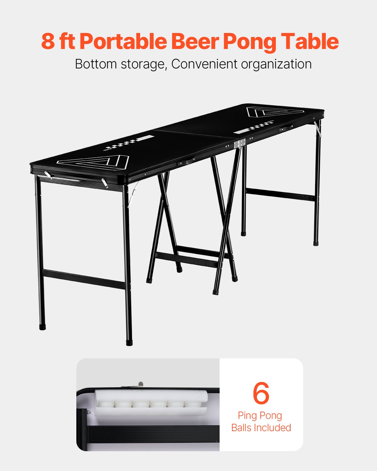 VEVOR Mesa de Juego de Beer Pong 240 x 60 x 90 cm Portátil y Plegable Negro, Mesa Ligera con Asa de Transporte y 6 Pelotas de Ping Pong de ABS, Carga de 30 kg, para Oficina, Fiestas, Viajes, Camping