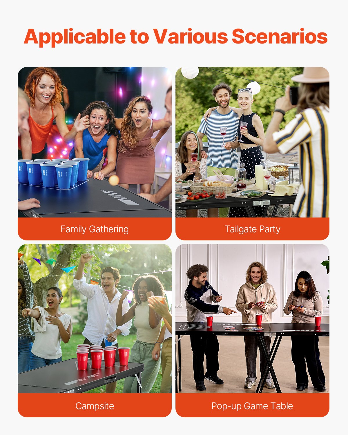 VEVOR Mesa de Juego de Beer Pong 240 x 60 x 90 cm Portátil y Plegable Negro, Mesa Ligera con Asa de Transporte y 6 Pelotas de Ping Pong de ABS, Carga de 30 kg, para Oficina, Fiestas, Viajes, Camping