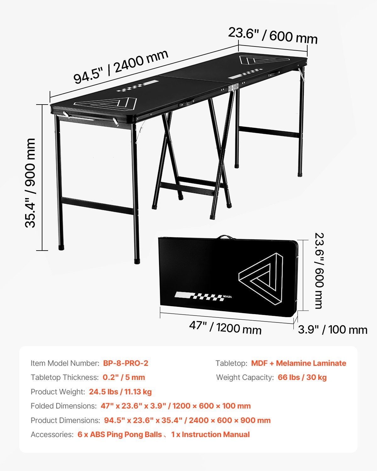 VEVOR Mesa de Juego de Beer Pong 240 x 60 x 90 cm Portátil y Plegable Negro, Mesa Ligera con Asa de Transporte y 6 Pelotas de Ping Pong de ABS, Carga de 30 kg, para Oficina, Fiestas, Viajes, Camping