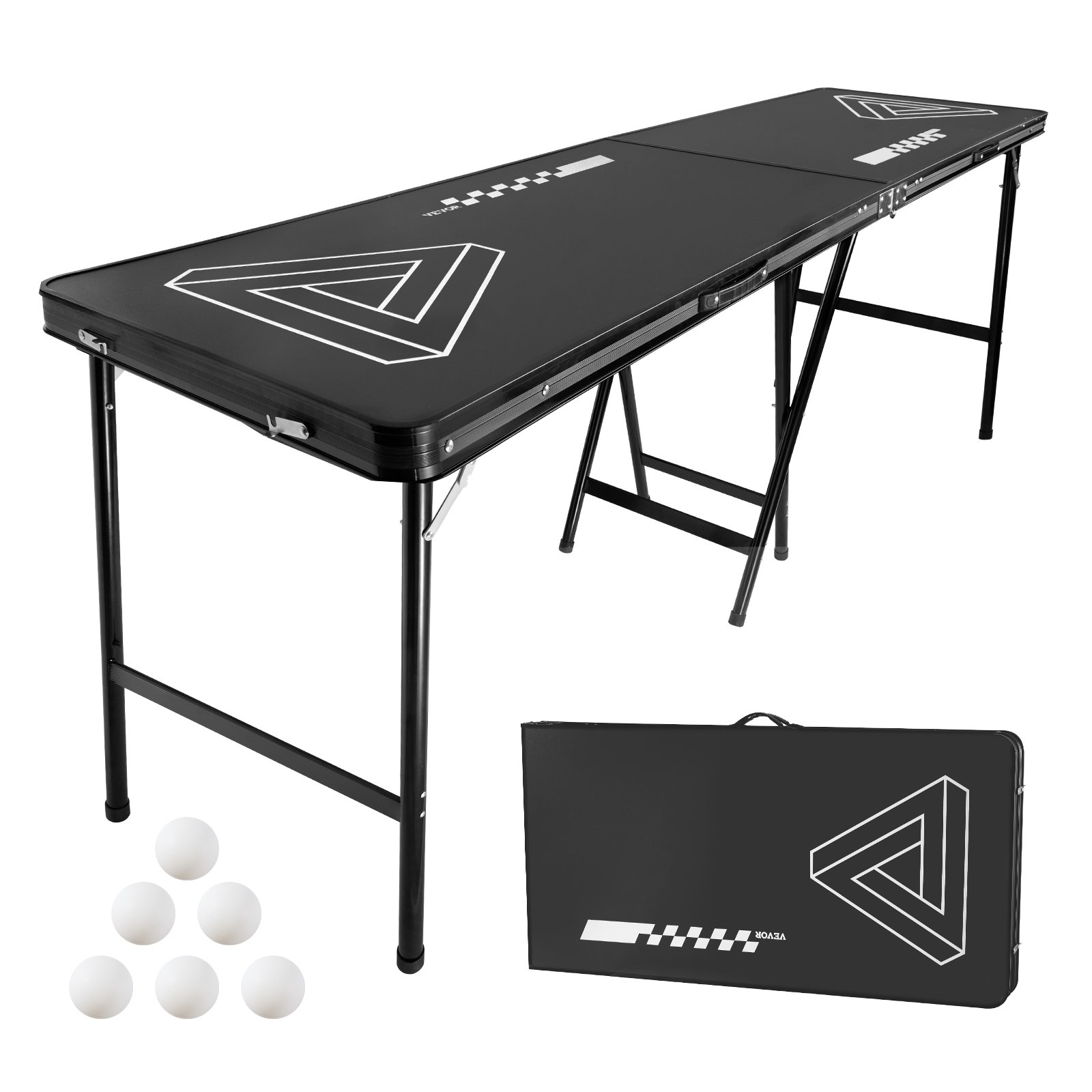 VEVOR Mesa de Juego de Beer Pong 240 x 60 x 90 cm Portátil y Plegable Negro, Mesa Ligera con Asa de Transporte y 6 Pelotas de Ping Pong de ABS, Carga de 30 kg, para Oficina, Fiestas, Viajes, Camping