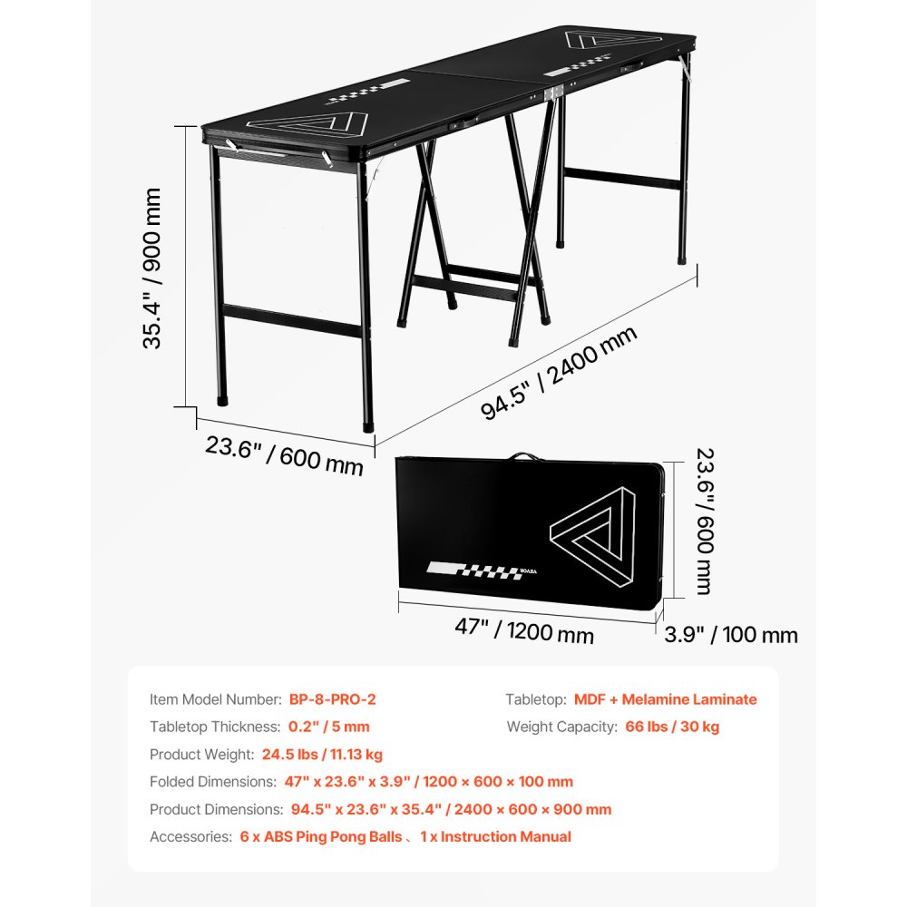 VEVOR Mesa de Juego de Beer Pong 240 x 60 x 90 cm Mesa Elevada Portátil y Plegable con Asas de Transporte 6 Pelotas de Ping Pong Mesa Ligera para Portón Trasero para Fiestas, Viajes, Campamentos
