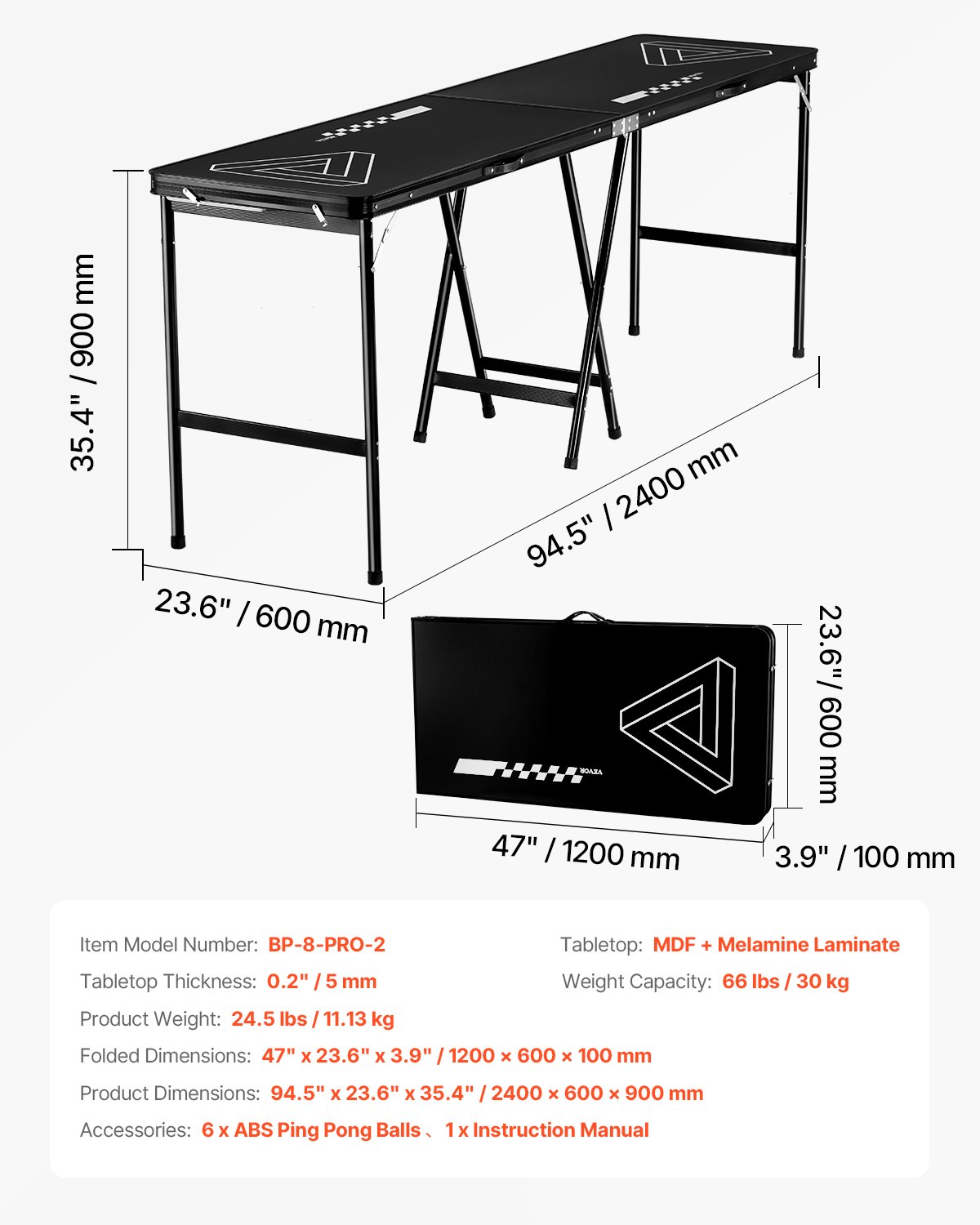 VEVOR Mesa de Juego de Beer Pong 240 x 60 x 90 cm Mesa Elevada Portátil y Plegable con Asas de Transporte 6 Pelotas de Ping Pong Mesa Ligera para Portón Trasero para Fiestas, Viajes, Campamentos