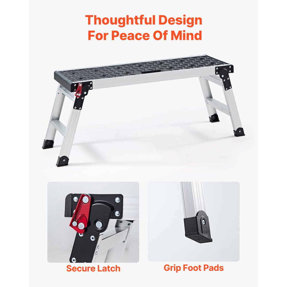 VEVOR Plataforma de Trabajo Plegable de Aluminio 910 x 310 x 420 mm, Carga de 226,8 kg, Banco Escalón Portátil con Superficie Texturizada y Orificios para Herramientas para Pintura Bricolaje Garaje
