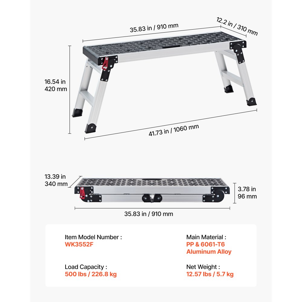 VEVOR Plataforma de Trabajo Plegable de Aluminio 910 x 310 x 420 mm, Carga de 226,8 kg, Banco Escalón Portátil con Superficie Texturizada y Orificios para Herramientas para Pintura Bricolaje Garaje