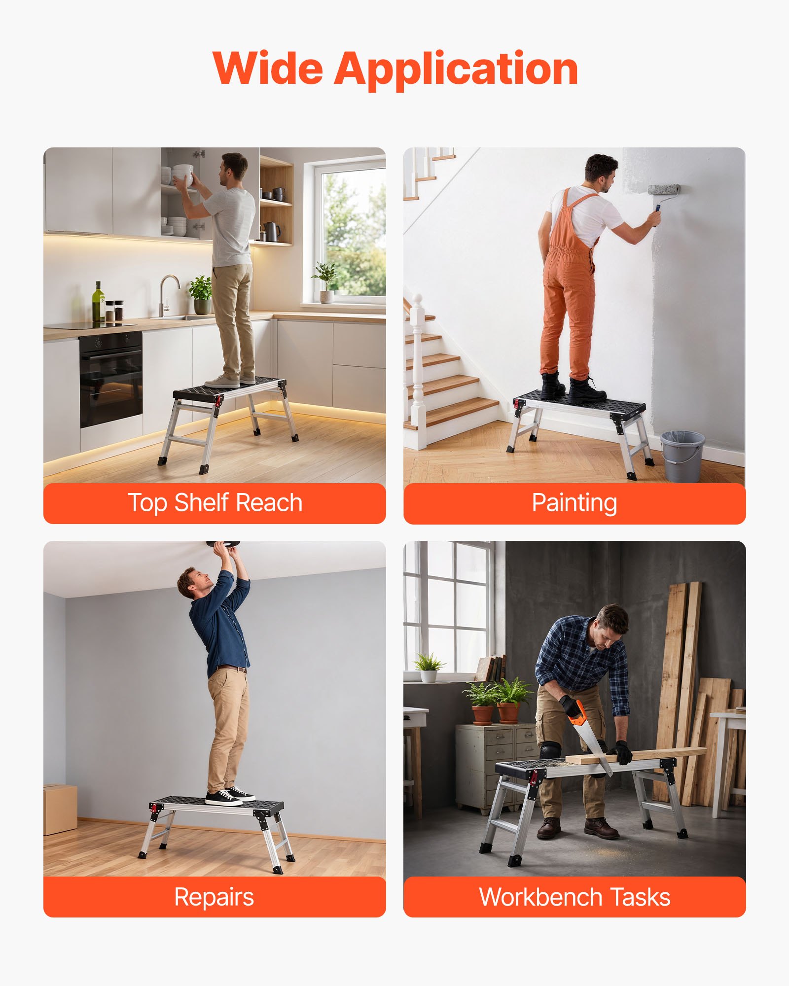 VEVOR Plataforma de Trabajo Plegable de Aluminio 910 x 310 x 420 mm, Carga de 226,8 kg, Banco Escalón Portátil con Superficie Texturizada y Orificios para Herramientas para Pintura Bricolaje Garaje