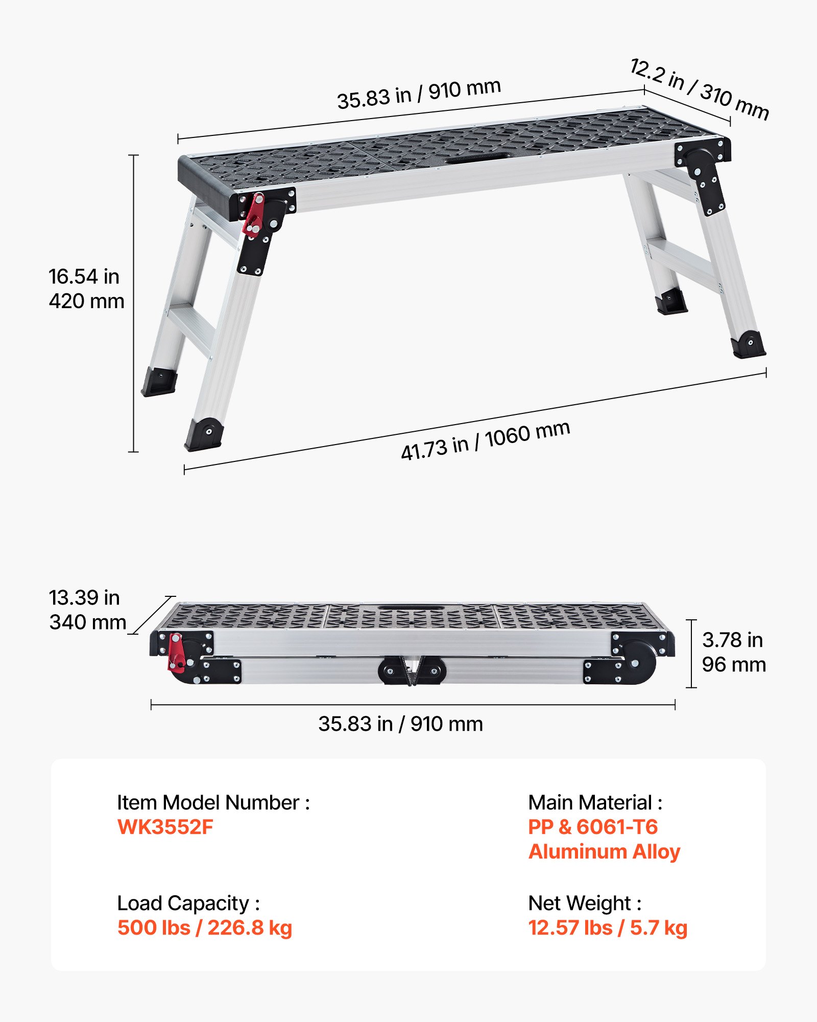 VEVOR Plataforma de Trabajo Plegable de Aluminio 910 x 310 x 420 mm, Carga de 226,8 kg, Banco Escalón Portátil con Superficie Texturizada y Orificios para Herramientas para Pintura Bricolaje Garaje
