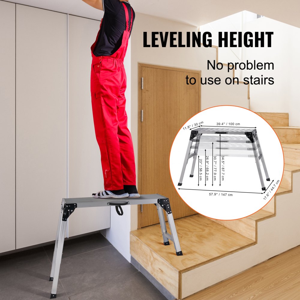 VEVOR Plataforma de Trabajo Altura Ajustable Carga de 150 kg Banco de Trabajo Plegable 100x30x87,7 cm Escalón de Aluminio Antideslizante Mesa de Trabajo para Lavado de Vehículos Pintura Decoración