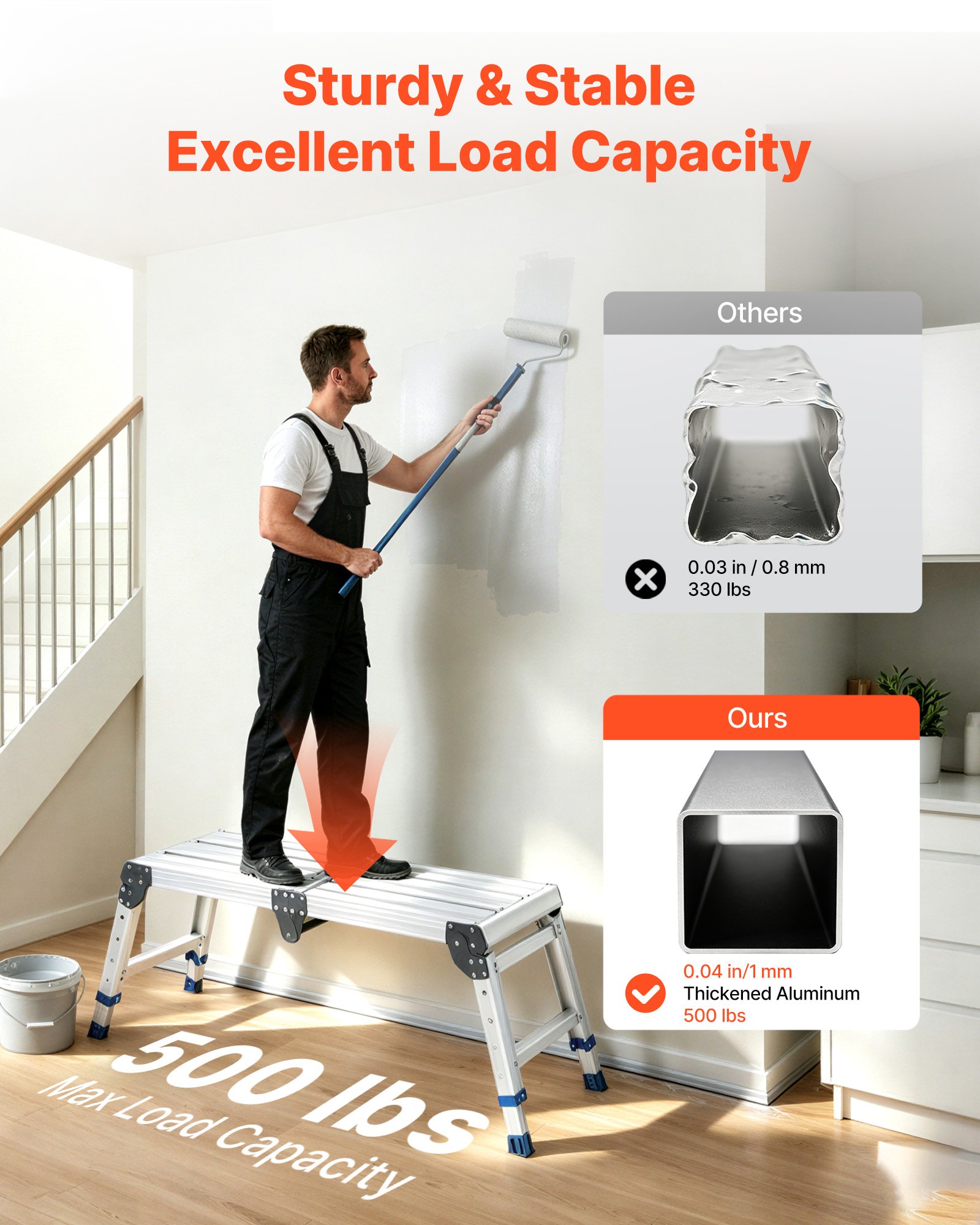 VEVOR Plataforma Plegable de Trabajo Capacidad de 226,8 kg, Altura Ajustable de 360 ​​a 508 mm, Escalera-Taburete de Aluminio Plegable, Portátil, Antideslizante para Pintura, Mantenimiento y Hogar