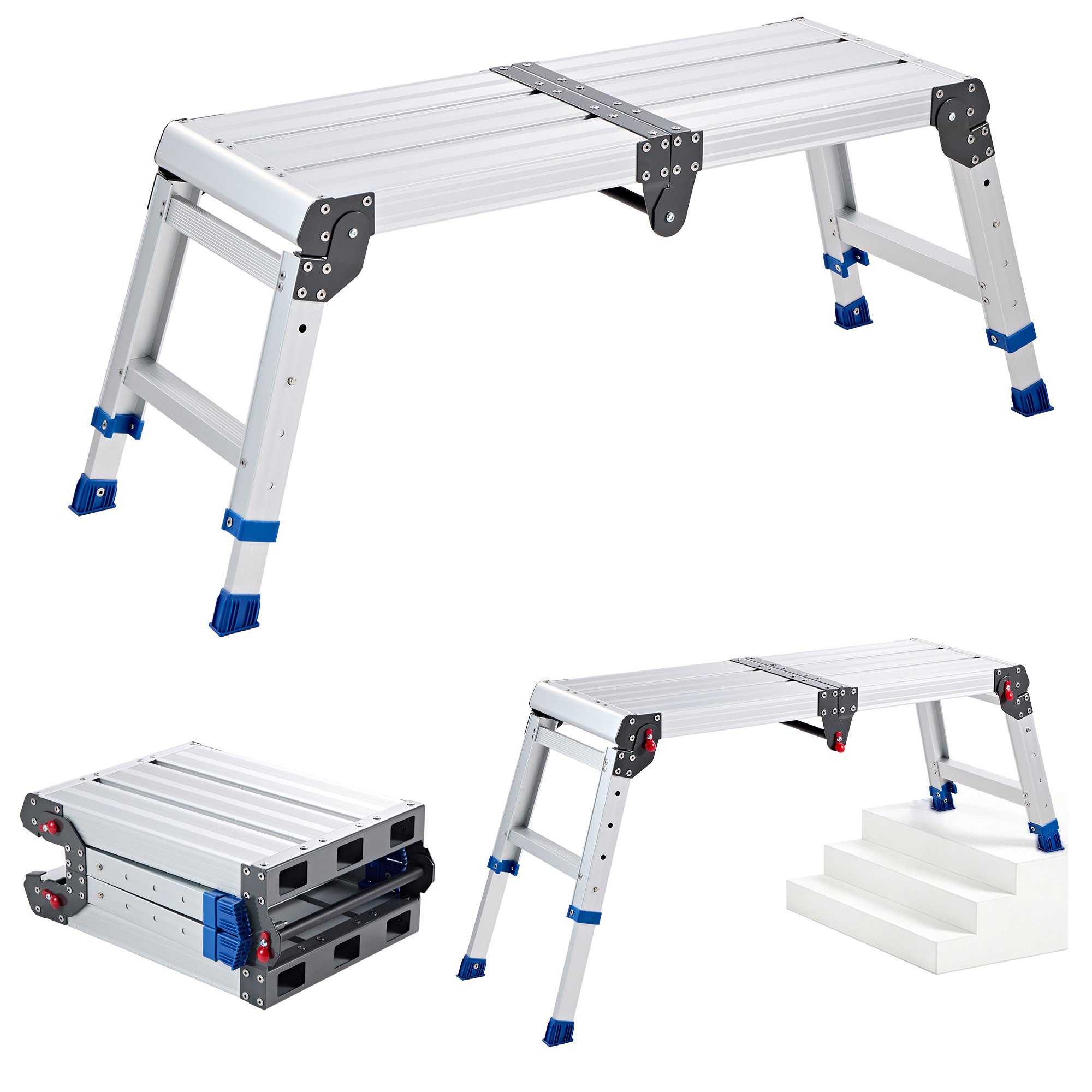 VEVOR Plataforma Plegable de Trabajo Capacidad de 226,8 kg, Altura Ajustable de 360 ​​a 508 mm, Escalera-Taburete de Aluminio Plegable, Portátil, Antideslizante para Pintura, Mantenimiento y Hogar