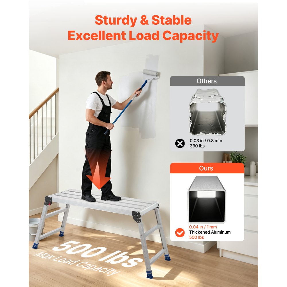 VEVOR Plataforma Plegable de Trabajo, Altura Ajustable de 584 a 876 mm, Capacidad de 226,8 kg, Escalera-Taburete de Aluminio Plegable, Antideslizante, Portátil para Hogar, Pintura y Mantenimiento
