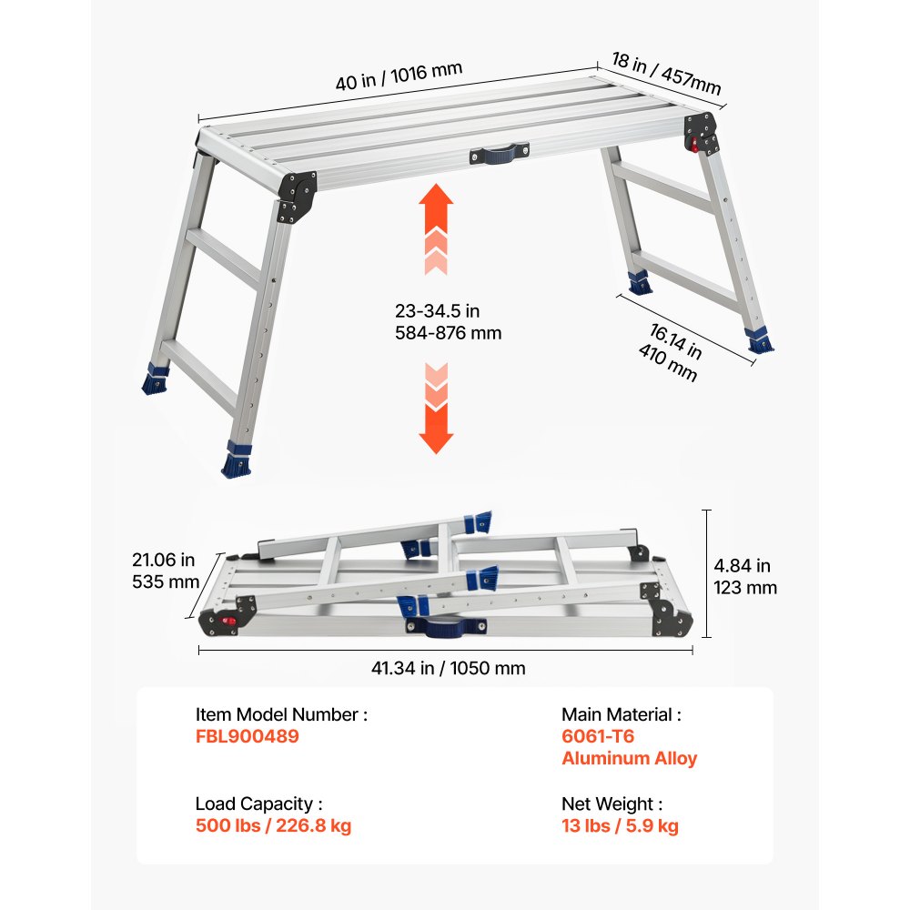 VEVOR Plataforma Plegable de Trabajo, Altura Ajustable de 584 a 876 mm, Capacidad de 226,8 kg, Escalera-Taburete de Aluminio Plegable, Antideslizante, Portátil para Hogar, Pintura y Mantenimiento