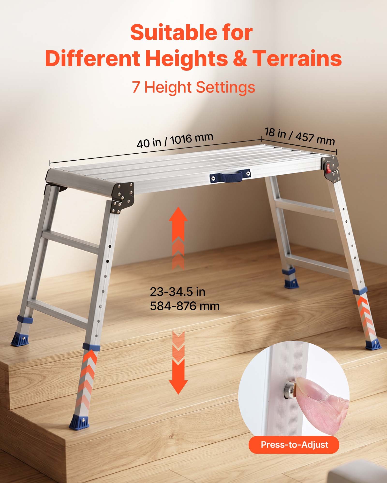 VEVOR Plataforma Plegable de Trabajo, Altura Ajustable de 584 a 876 mm, Capacidad de 226,8 kg, Escalera-Taburete de Aluminio Plegable, Antideslizante, Portátil para Hogar, Pintura y Mantenimiento