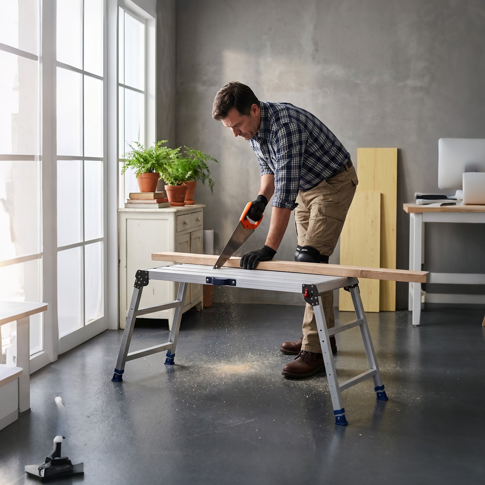 VEVOR Plataforma Plegable de Trabajo, Altura Ajustable de 584 a 876 mm, Capacidad de 226,8 kg, Escalera-Taburete de Aluminio Plegable, Antideslizante, Portátil para Hogar, Pintura y Mantenimiento