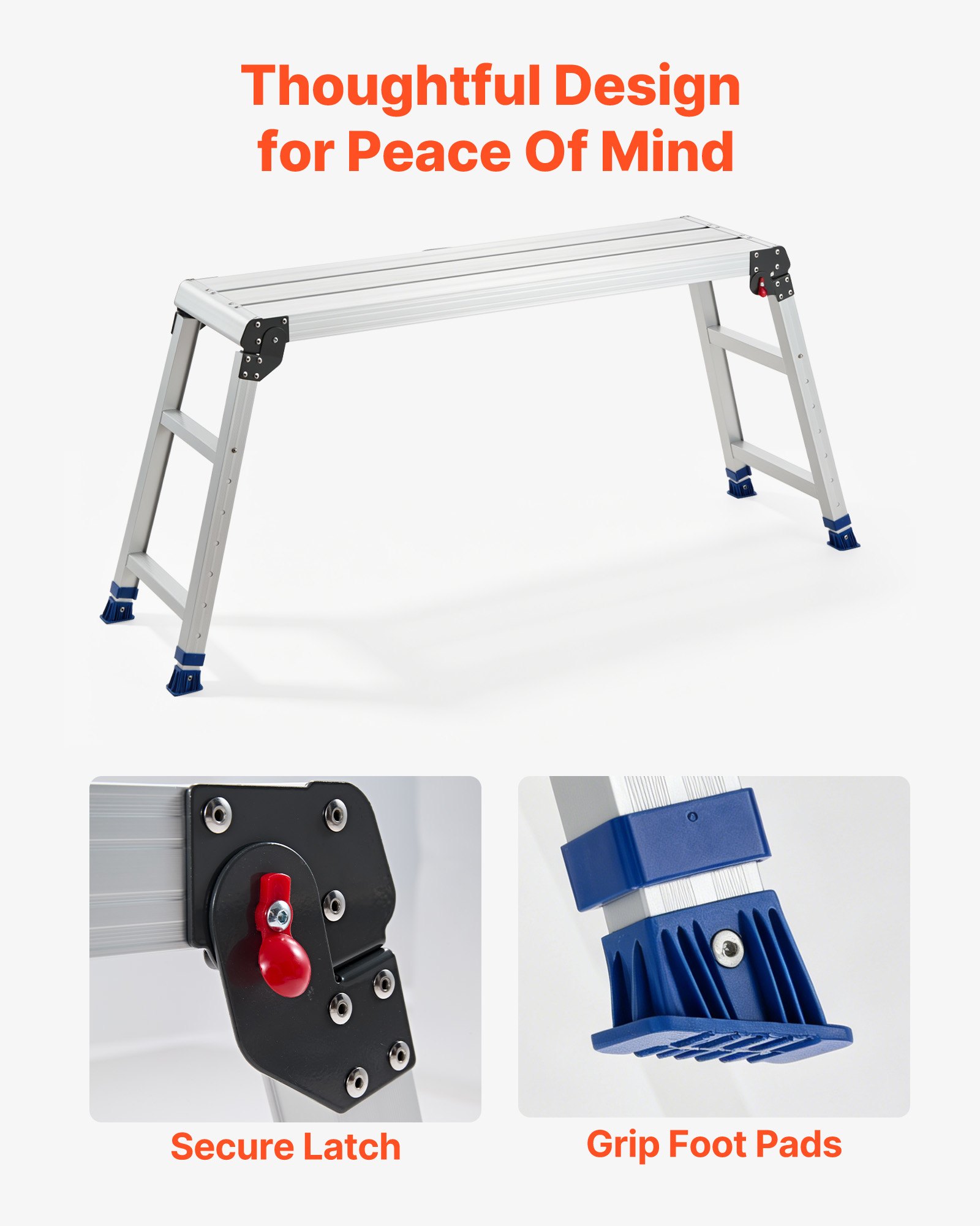 VEVOR Plataforma Plegable de Trabajo, Capacidad de 226,8 kg, Altura Ajustable de 584 a 876 mm, Escalera-Taburete de 1016 x 305 mm Antideslizante, Plegable, Portátil para Hogar, Mantenimiento y Pintura
