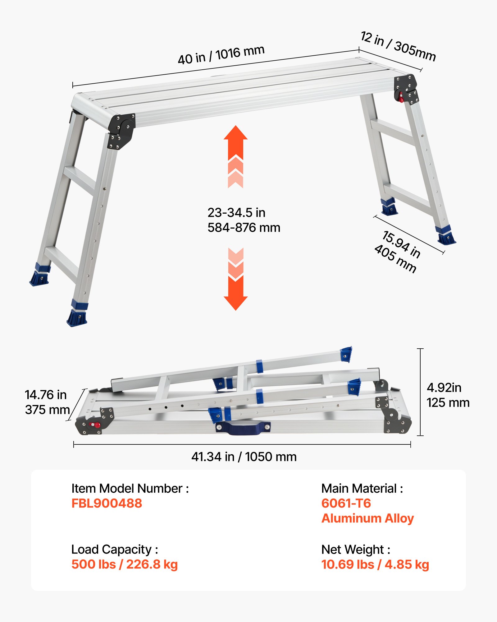 VEVOR Plataforma Plegable de Trabajo, Capacidad de 226,8 kg, Altura Ajustable de 584 a 876 mm, Escalera-Taburete de 1016 x 305 mm Antideslizante, Plegable, Portátil para Hogar, Mantenimiento y Pintura