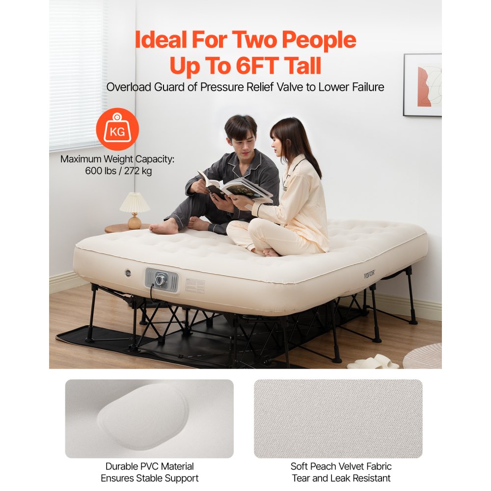 VEVOR Colchón de Aire con Estructura, Cama de Camping Inflable para 1 Persona con Bomba Incorporada, Camas de Aire Plegables Portátiles que Soportan 272 kg, Cama Inflable para Acampar, Viaje