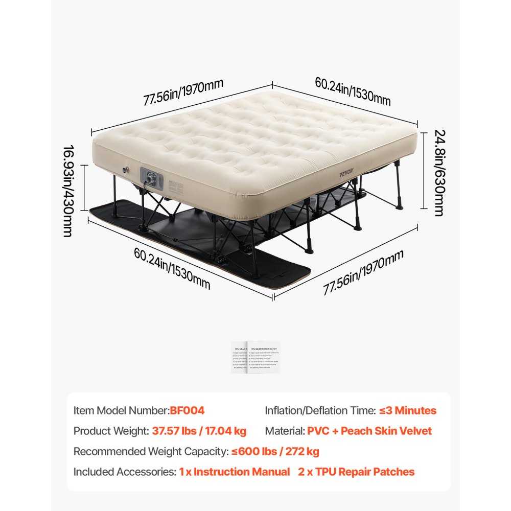 VEVOR Colchón de Aire con Estructura, Cama de Camping Inflable para 1 Persona con Bomba Incorporada, Camas de Aire Plegables Portátiles que Soportan 272 kg, Cama Inflable para Acampar, Viaje