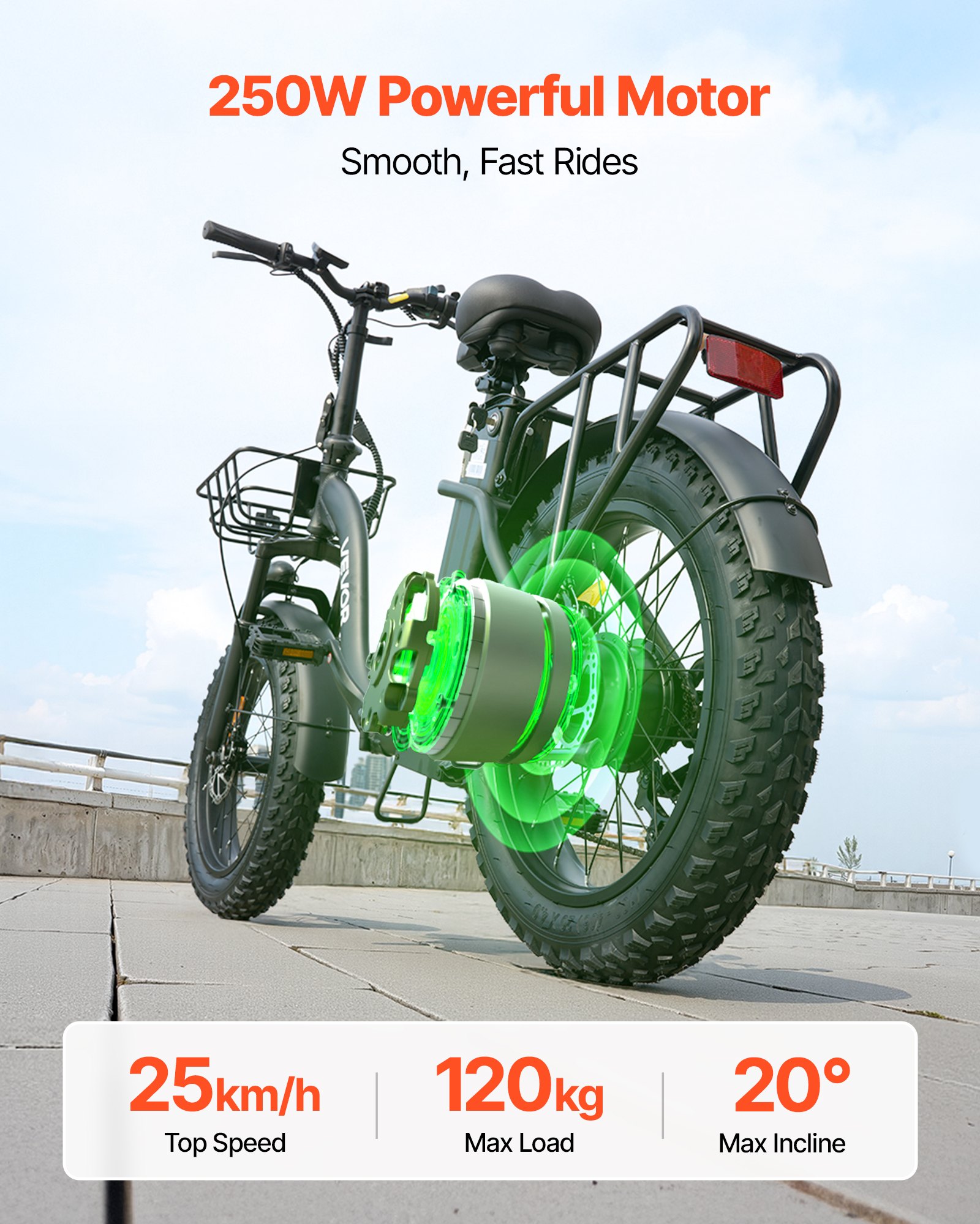 VEVOR Bicicleta Eléctrica Plegable para Adultos de 250 W con Batería Extraíble de 25 Ah, Motor sin Escobillas de 36 V y 25 km/h, Autonomía Máxima de hasta 70 km, Neumáticos Anchos de 7 Velocidades