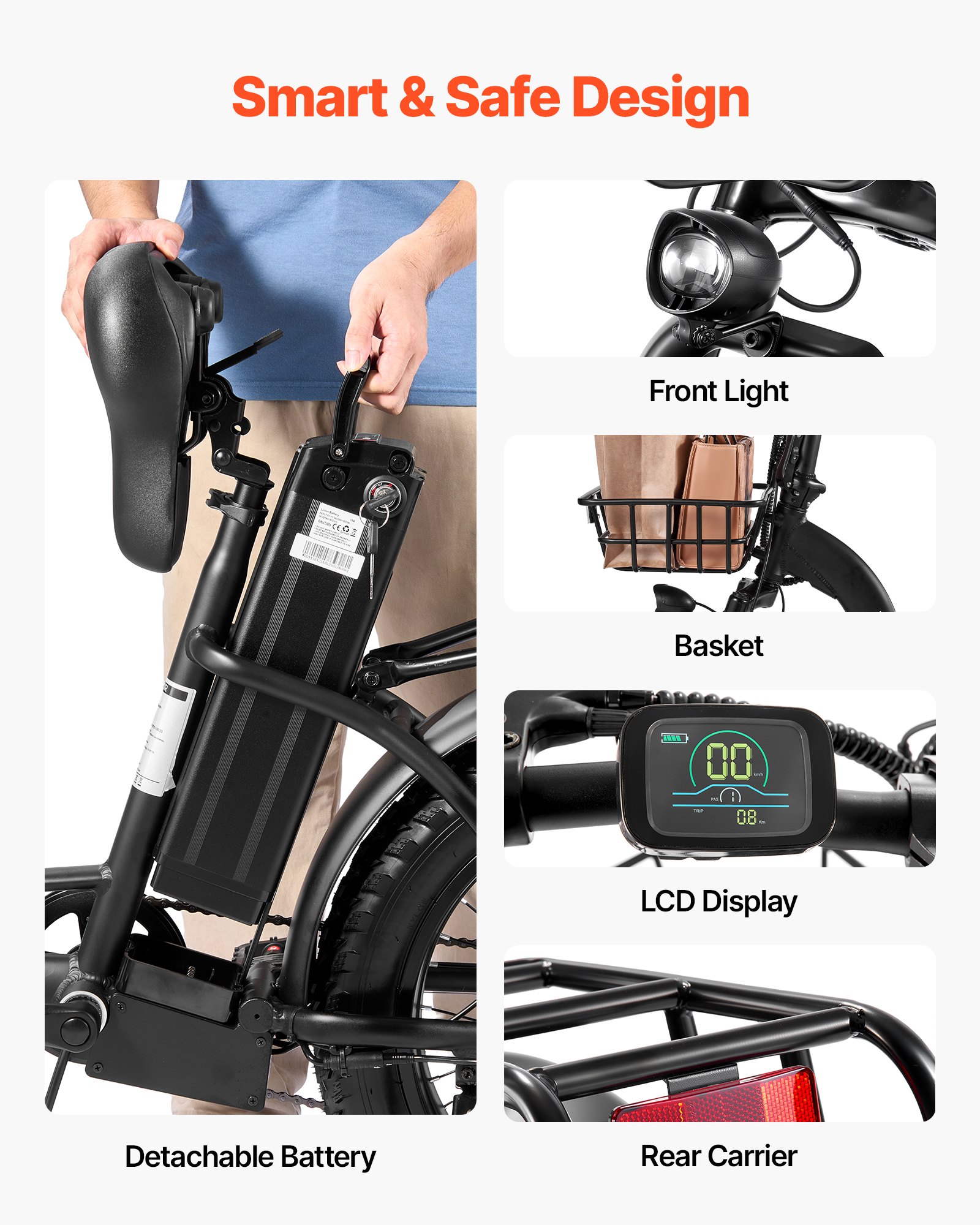VEVOR Bicicleta Eléctrica Plegable para Adultos de 250 W con Batería Extraíble de 25 Ah, Motor sin Escobillas de 36 V y 25 km/h, Autonomía Máxima de hasta 70 km, Neumáticos Anchos de 7 Velocidades