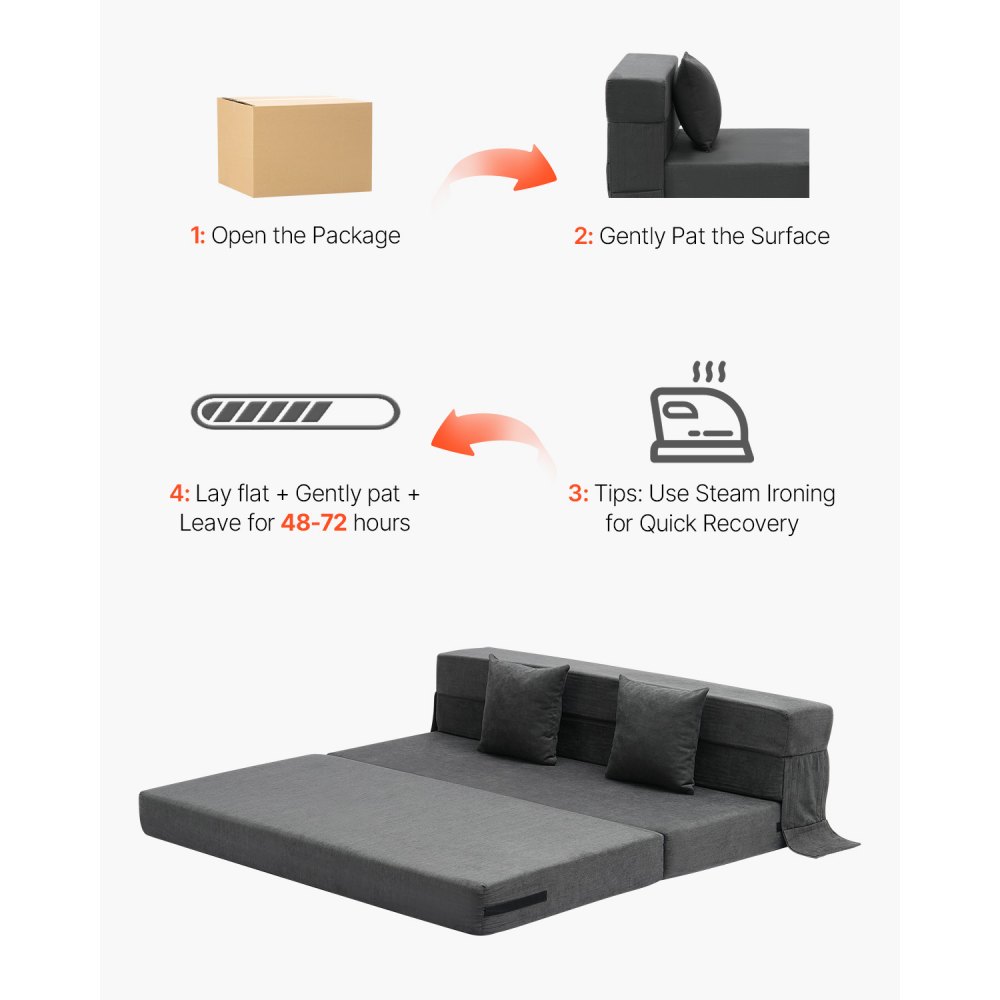 VEVOR 3 in 1 Folding Sofa Bed with 2 Cushions & Washable Cover, Convertible Sleeper Chair Made of 25D Memory Foam, Couch for Living Room Bedroom, Dark Gray (Queen / 2060x1545x150mm)
