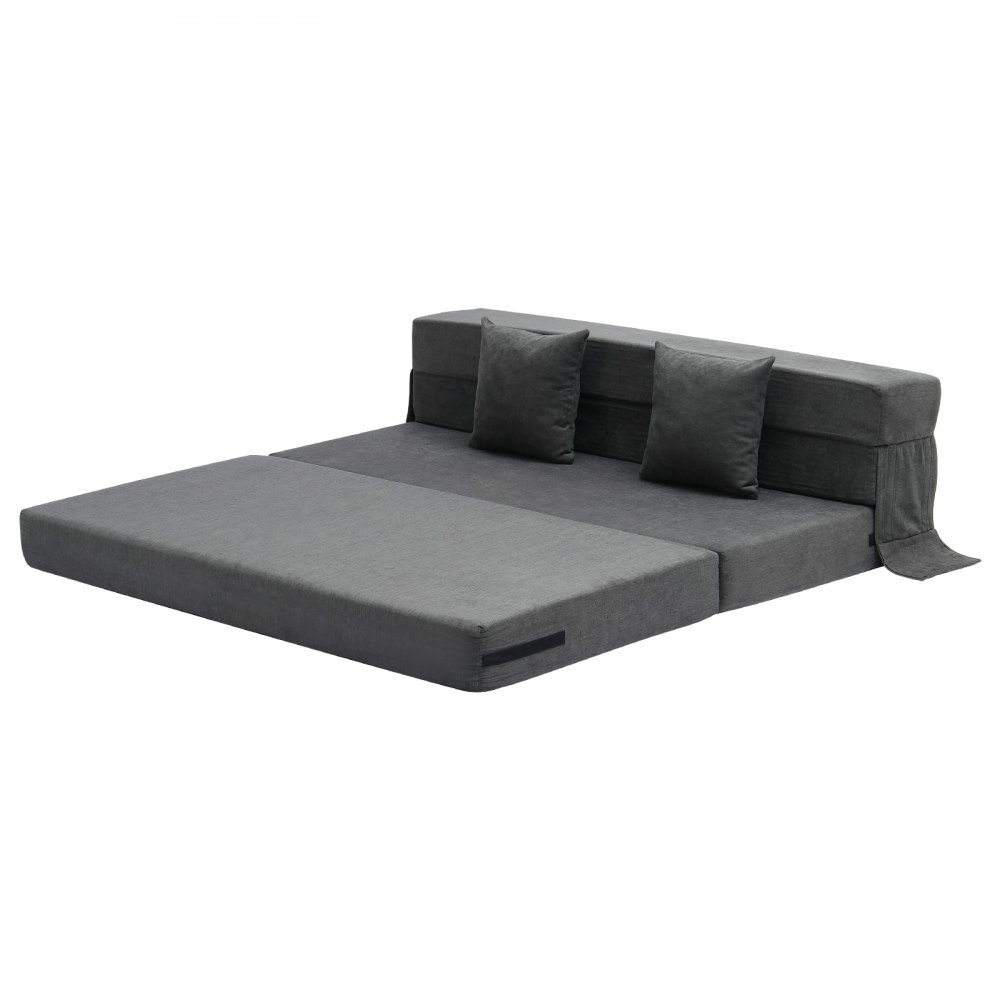VEVOR 3 in 1 Folding Sofa Bed with 2 Cushions & Washable Cover, Convertible Sleeper Chair Made of 25D Memory Foam, Couch for Living Room Bedroom, Dark Gray (Queen / 2060x1545x150mm)