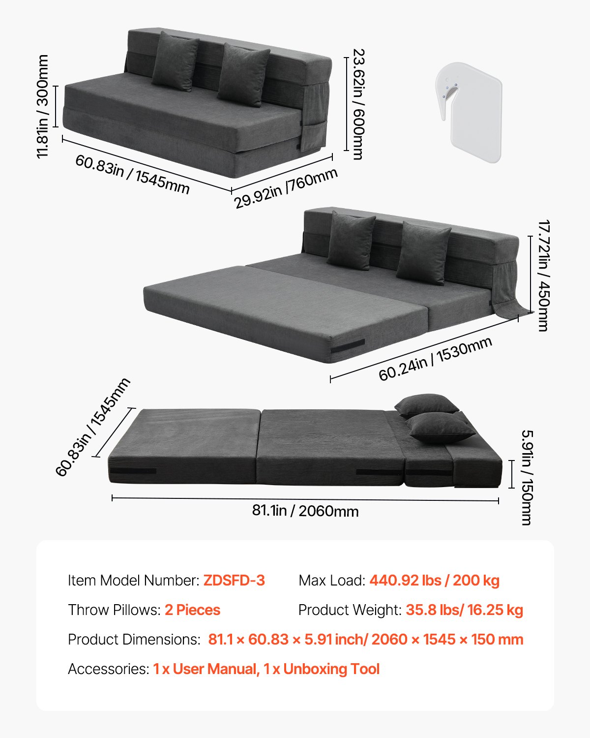 VEVOR 3 in 1 Folding Sofa Bed with 2 Cushions & Washable Cover, Convertible Sleeper Chair Made of 25D Memory Foam, Couch for Living Room Bedroom, Dark Gray (Queen / 2060x1545x150mm)