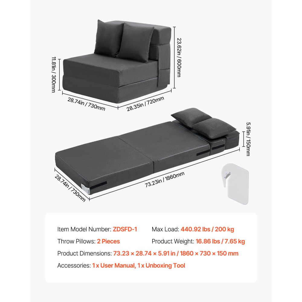 VEVOR 3 en 1 Sofá Cama Plegable 1860 x 730 x 150 mm con 2 Almohadas y Funda Lavable, Sofá Cama Convertible de Espuma Viscoelástica de Alta Densidad 25D para Sala de Estar, Dormitorio, Gris Oscuro