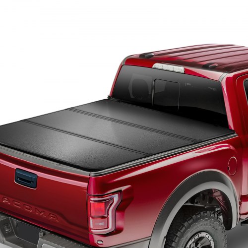 VEVOR Funda Tonneau para caja de camioneta triple plegable, compatible con Toyota Tacoma 2016-2023, cama de 5' (60.5"), solo se adapta a cama interior de 5.0' x 4.6' (60.5" x 55.0"), capacidad de carga de 400 lbs, luz LED, Plegado rápido, negro.