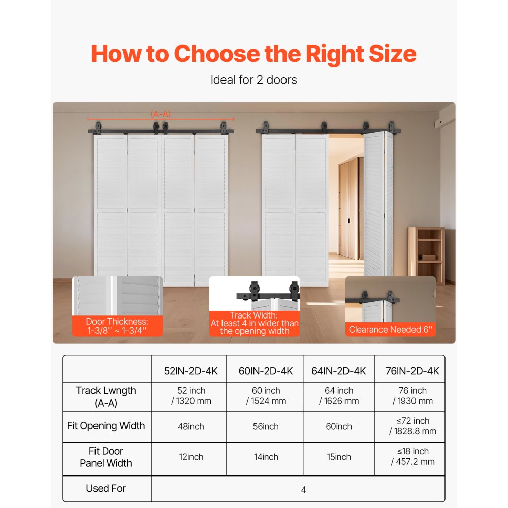 VEVOR sliding door system, folding sliding doors, 152.4 cm track, sliding door hardware, suitable for four 35.6 cm cabinet, pantry & laundry doors (not included)
