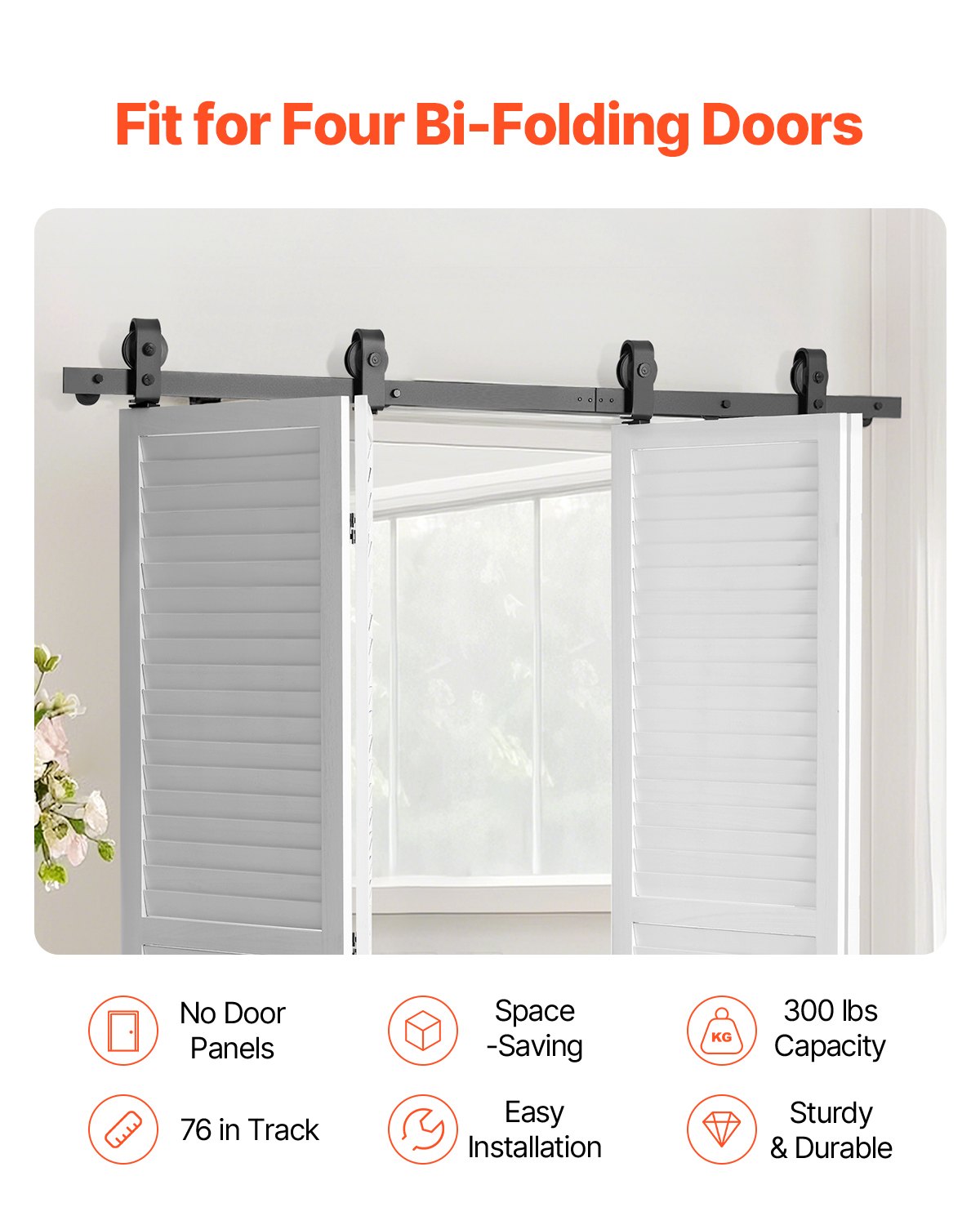 VEVOR sliding door system for folding sliding doors, 193 cm sliding door hardware, suitable for four 45.7 cm cabinet, pantry & laundry doors (not included)