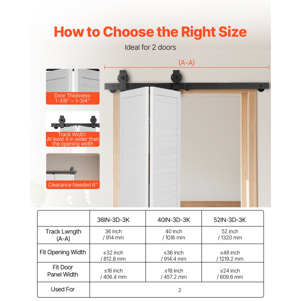 VEVOR Kit de Rieles para Puertas Corredizas Plegables de Granero, con Montaje Superior, Suave y Silencioso, Resistente, para Dos Puertas de Armario, Despensa y Lavandería, 1016 x 40 x 6 mm, Negro