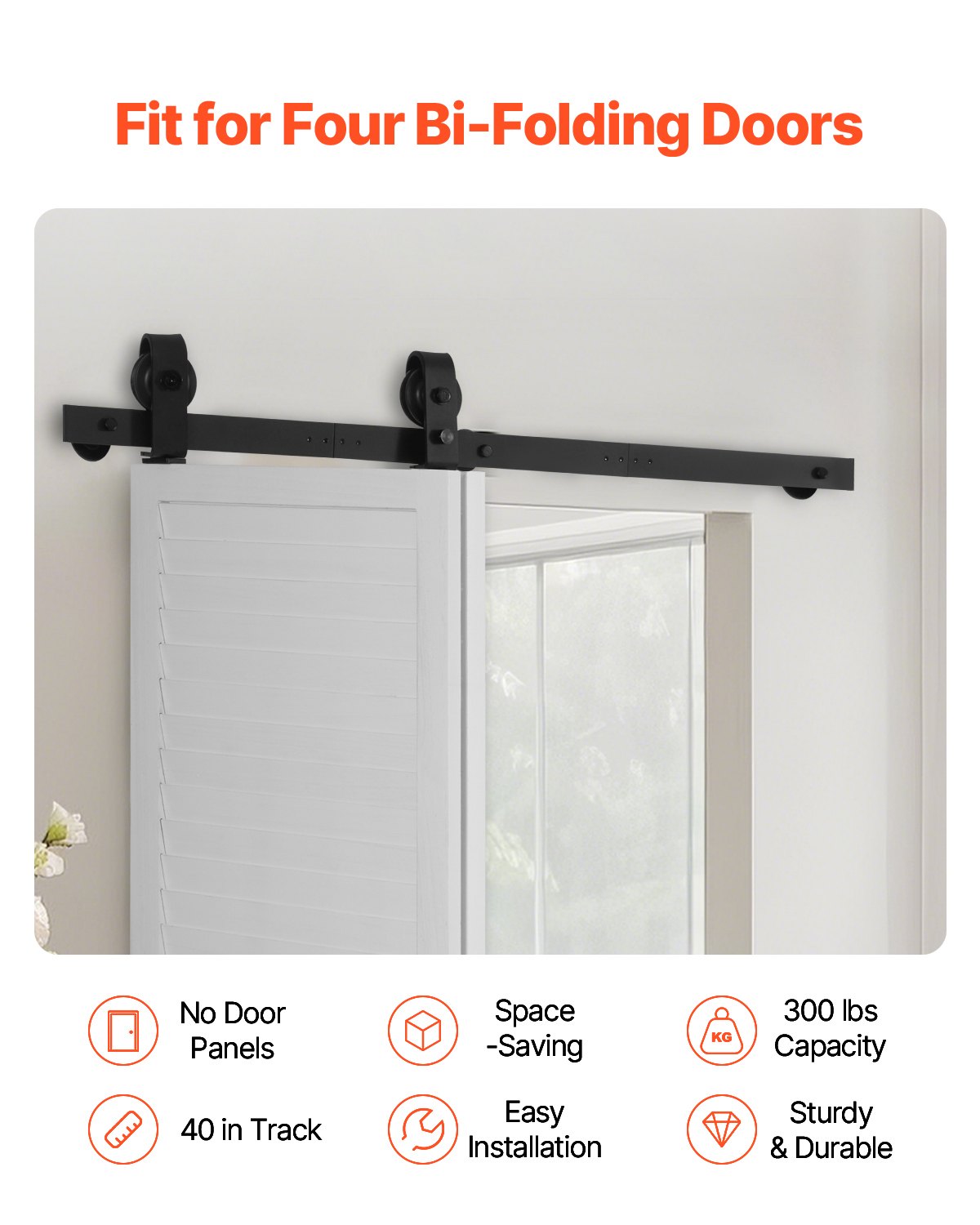 VEVOR Kit de Rieles para Puertas Corredizas Plegables de Granero, con Montaje Superior, Suave y Silencioso, Resistente, para Dos Puertas de Armario, Despensa y Lavandería, 1016 x 40 x 6 mm, Negro